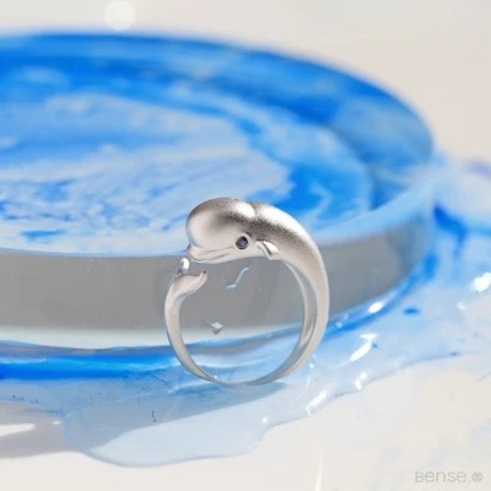 14k Gold Adorable Whale Silver Open Ring S925 - Picture 2 of 9